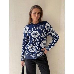 Blue White Knit Sweater Boho Garden Floral Casual Travel Career Business Artsy